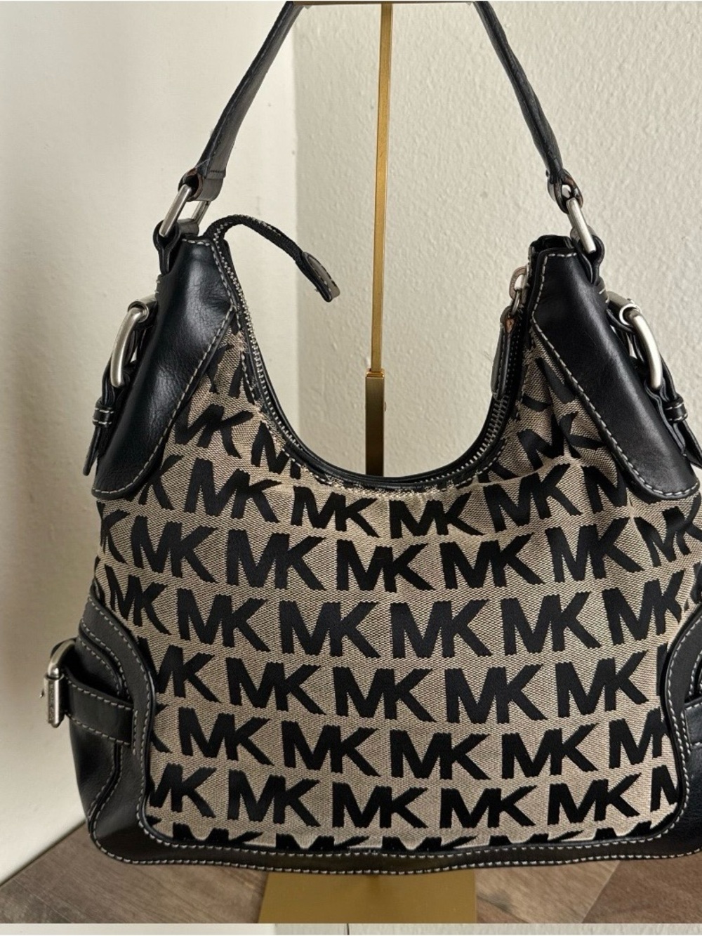 Michael Kors Black and Tan MK Logo Shoulder Bag
